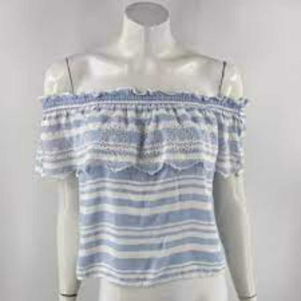Blue and White Ruffle Off the Shoulder Blouse Top